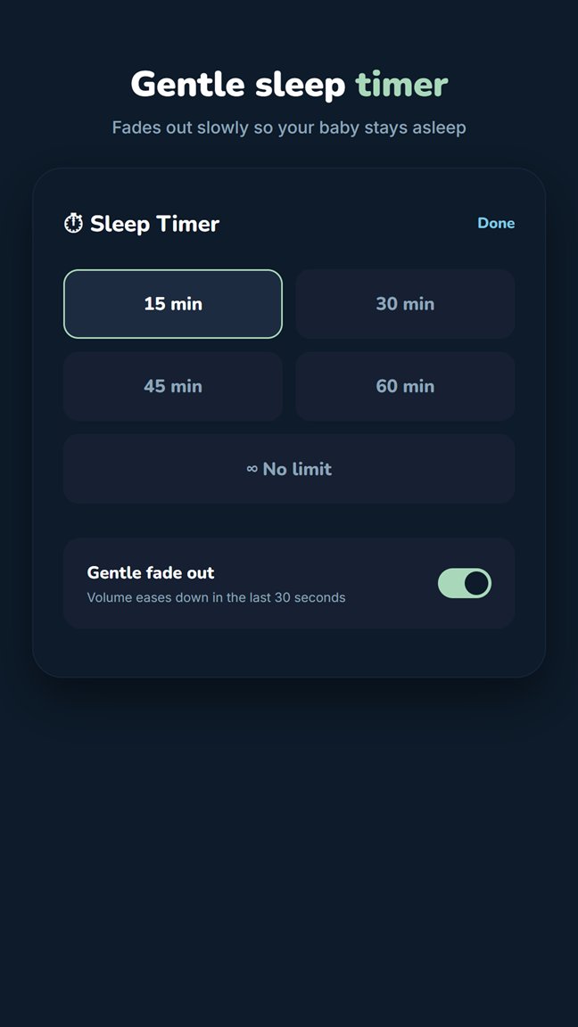Sleep Timer screen with 15, 30, 45 and 60 minute options and a gentle fade out switch
