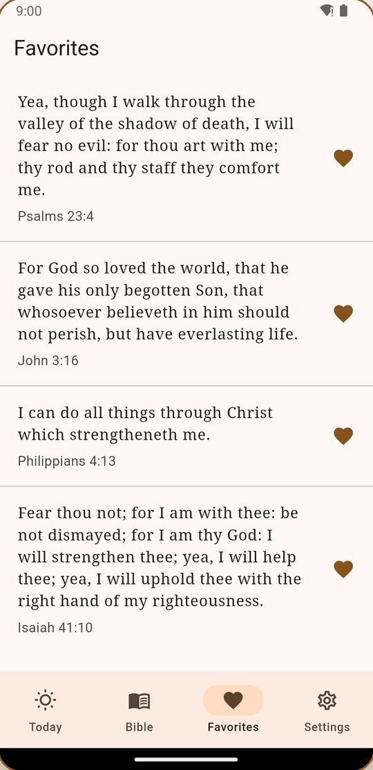 Favorites screen with four saved verses, including John 3:16 and Philippians 4:13