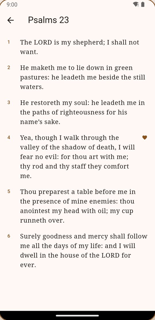 Psalm 23 in the King James Version, shown verse by verse with verse 4 marked as a favorite