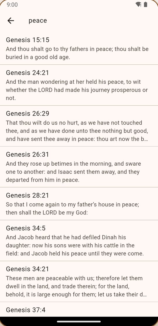 Search results for the word peace, listing verses from Genesis