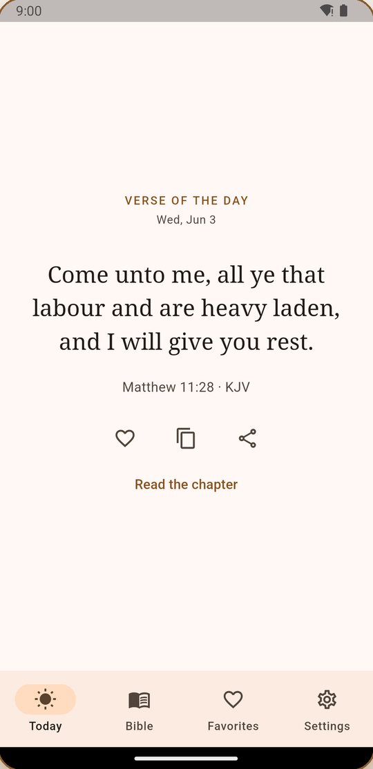 Today screen showing the verse of the day, Matthew 11:28, with buttons to save, copy and share it, and a Read the chapter link