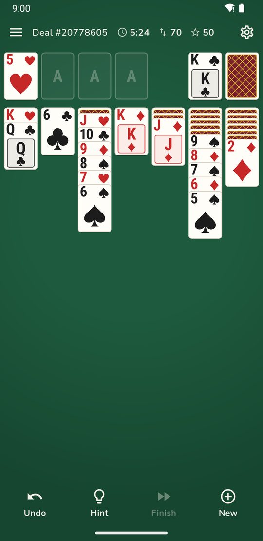 A game in progress on the green table, with the deal number, time, moves and score at the top and Undo, Hint, Finish and New buttons at the bottom