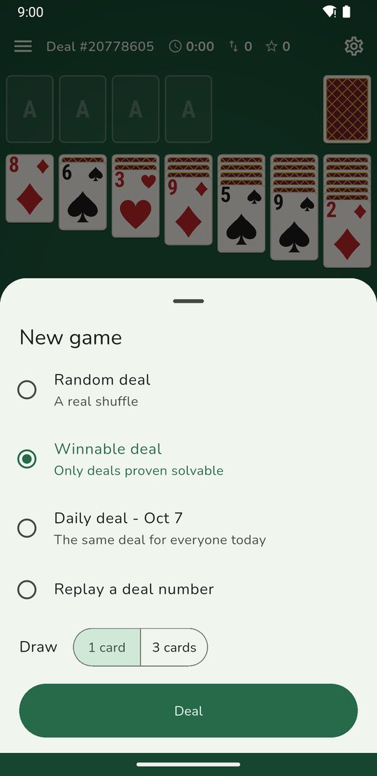The New game sheet with Random, Winnable, Daily deal and Replay a deal number, and a choice of 1 or 3 cards