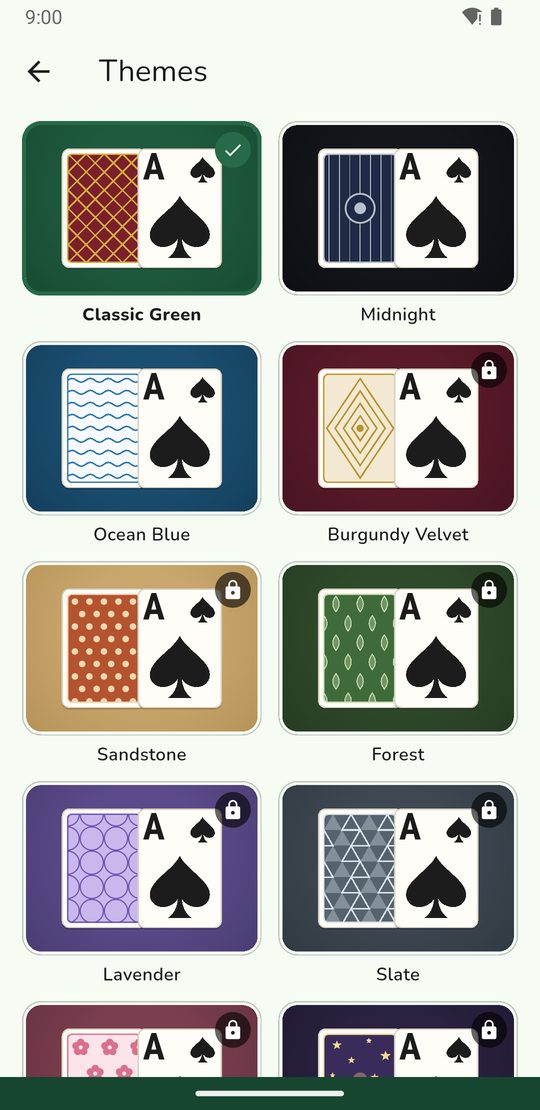 The themes screen with Classic Green selected, Midnight and Ocean Blue free, and locked Premium themes